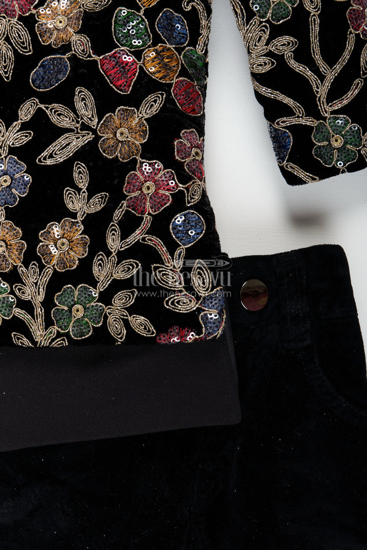 Black velvet floral embroidered boys sherwani with matching pants