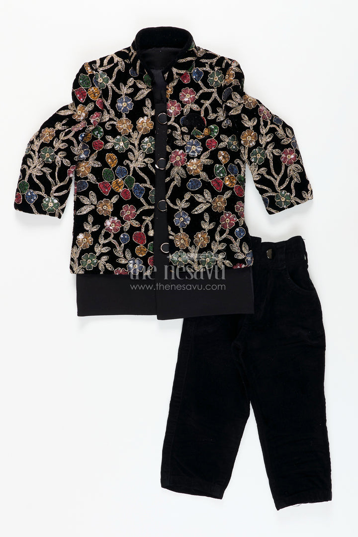 Black velvet floral embroidered boys sherwani with matching pants