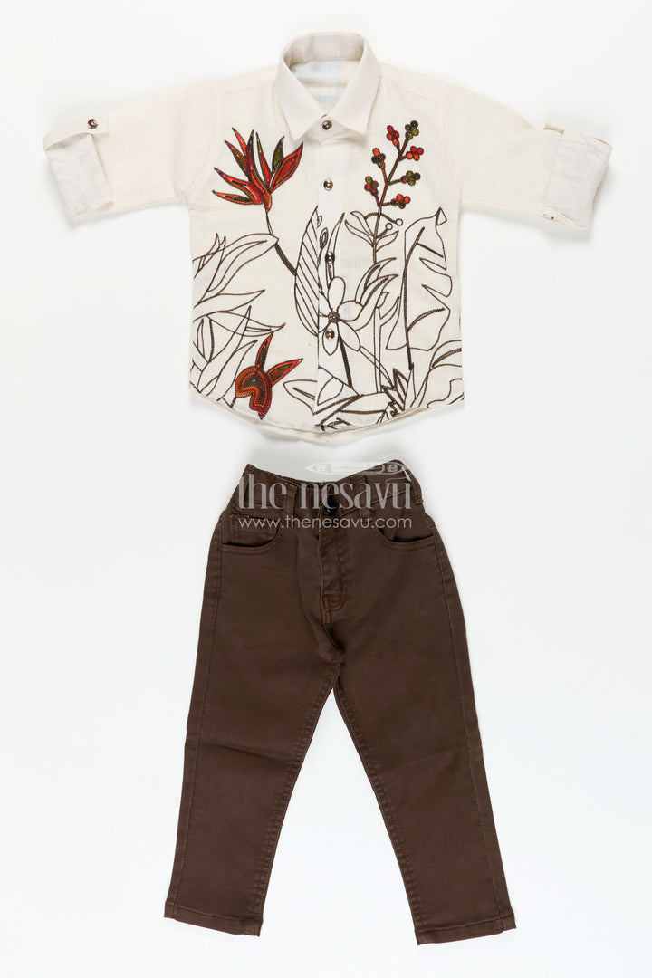 Boys floral embroidered cotton shirt with trousers casual festive wear