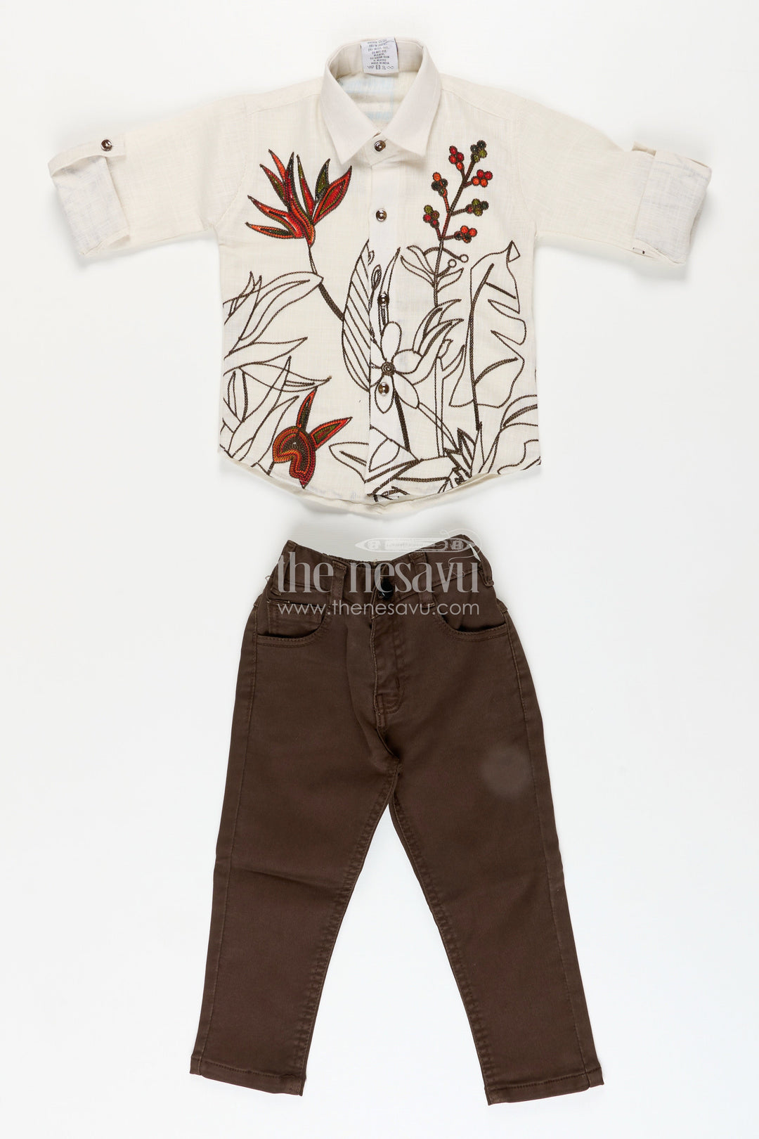 Boys floral embroidered cotton shirt with trousers casual festive wear