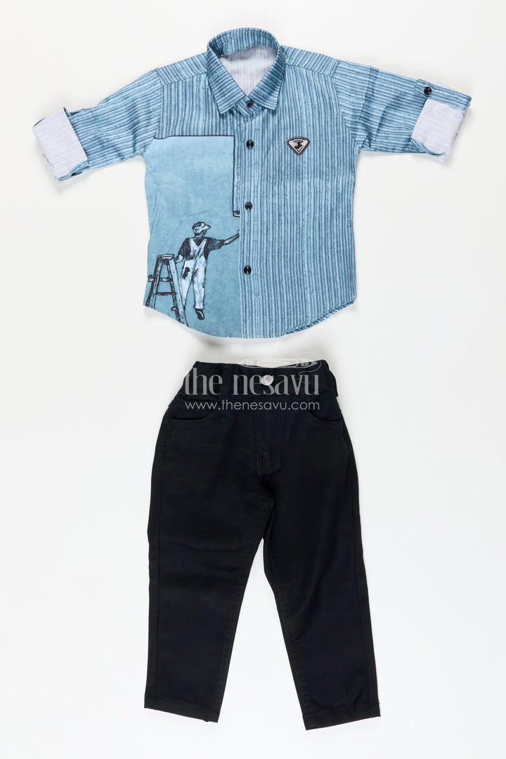 Boys printed cotton casual set with jeans-style trousers everyday smart wear