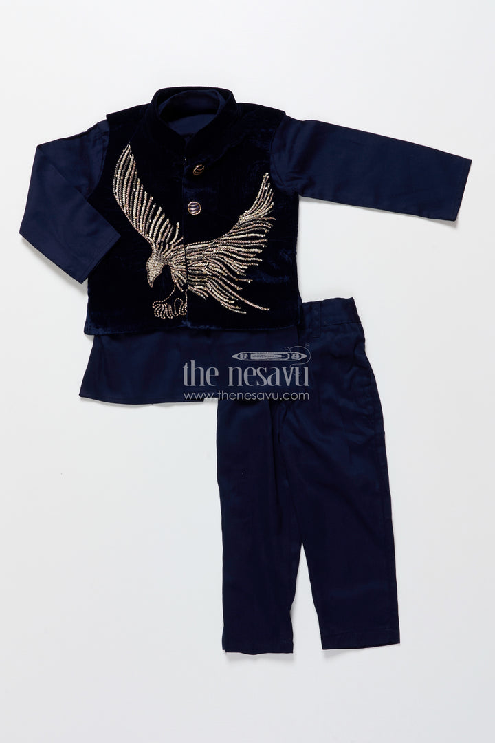 Boys kurta set with embroidered velvet jacket for festive family functions