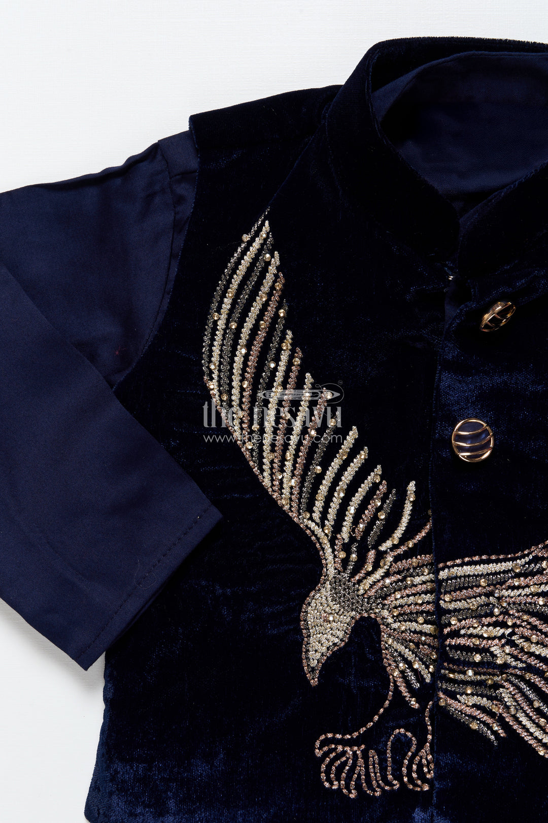 Boys kurta set with embroidered velvet jacket for festive family functions
