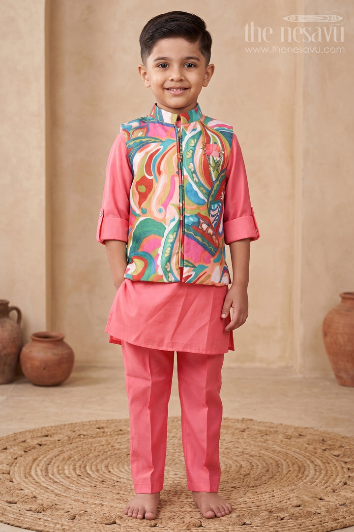 Boys Kurta Set with Vibrant Printed Jacket for Weddings and Festive Events