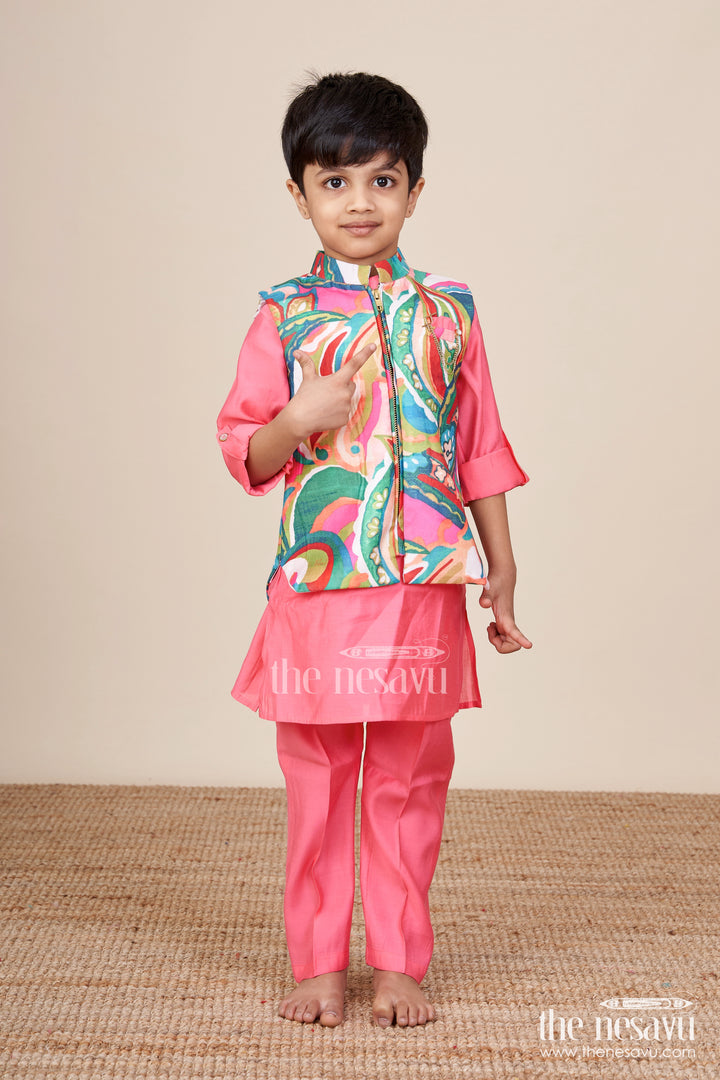 Boys kurta set with vibrant printed jacket for weddings and festive events