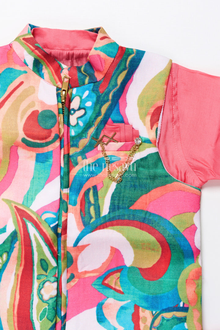 Boys kurta set with vibrant printed jacket for weddings and festive events