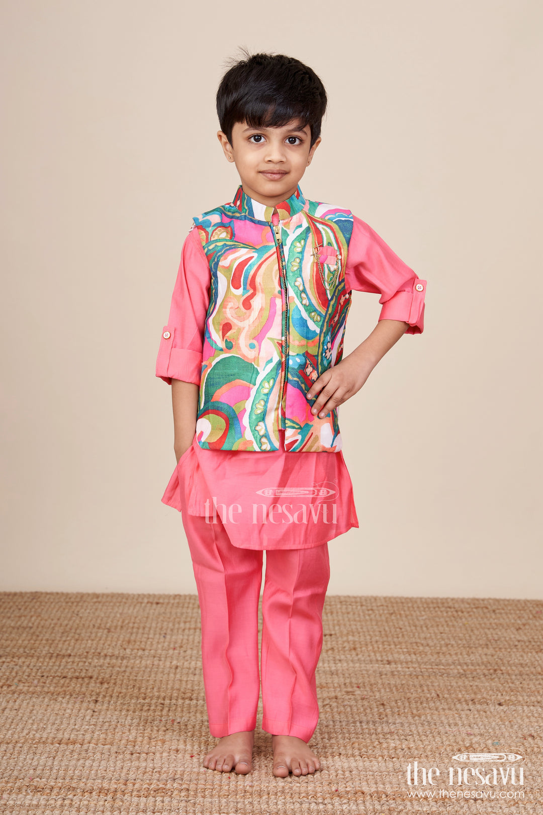 Boys kurta set with vibrant printed jacket for weddings and festive events