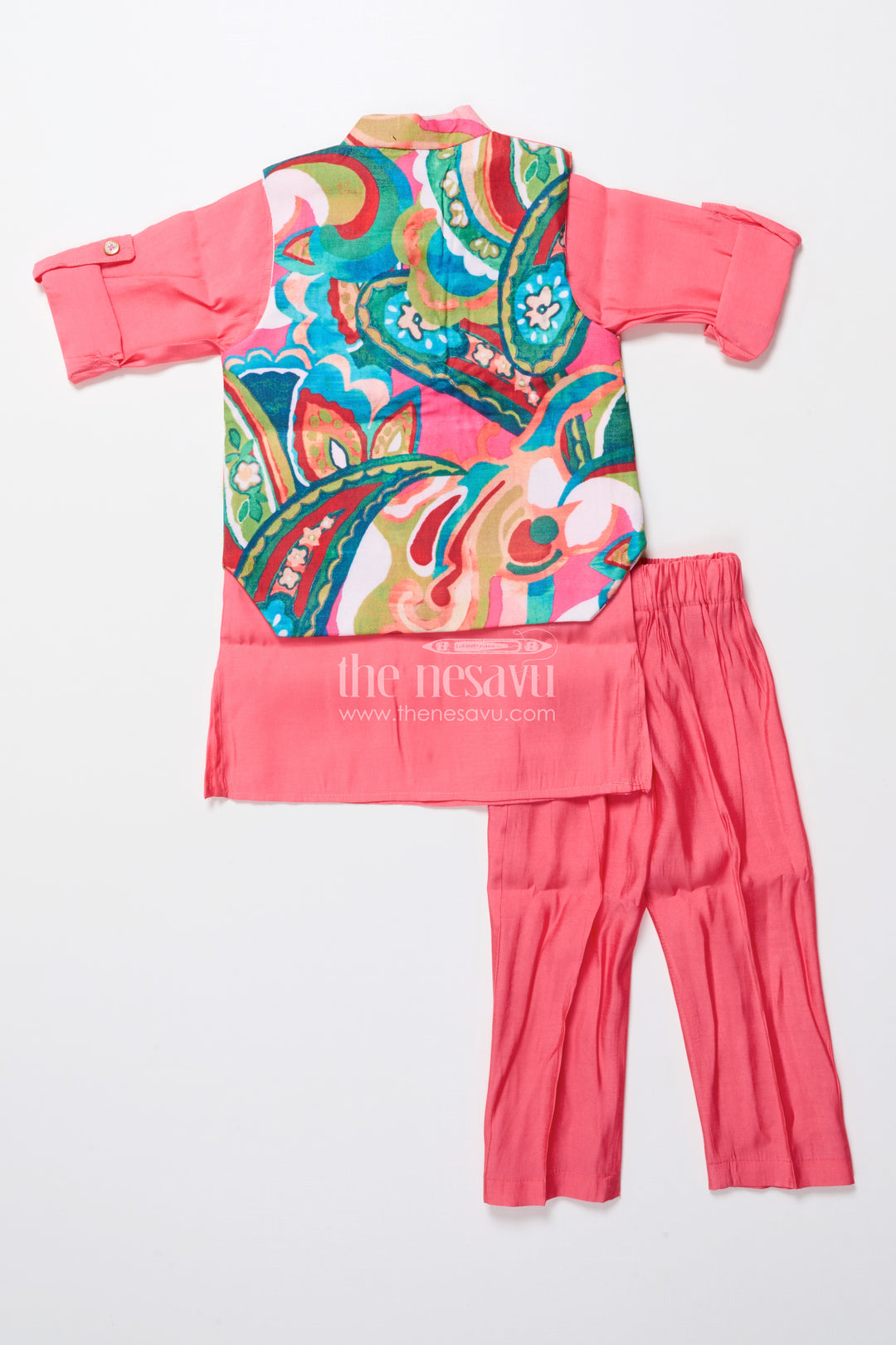 Boys kurta set with vibrant printed jacket for weddings and festive events