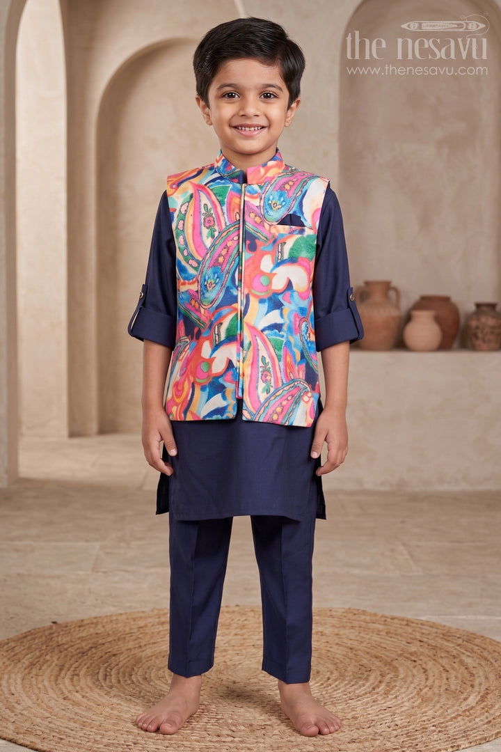 Toddler Boys Ethnic Kurta Set with Digital Print Jacket for Cultural Events