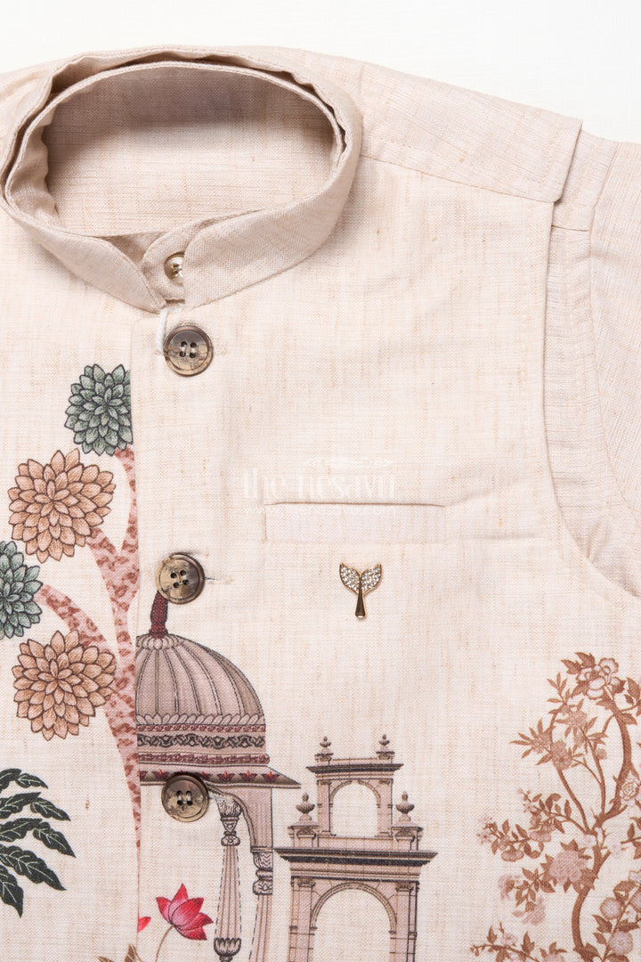 Boys Printed Kurta and Pant Set with Ethnic Jacket Style