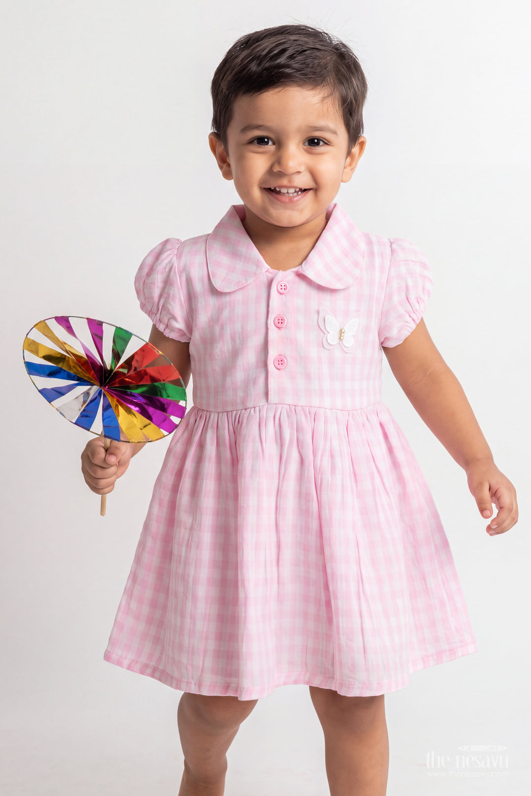 Baby Pink Gingham Butterfly Cotton Frock