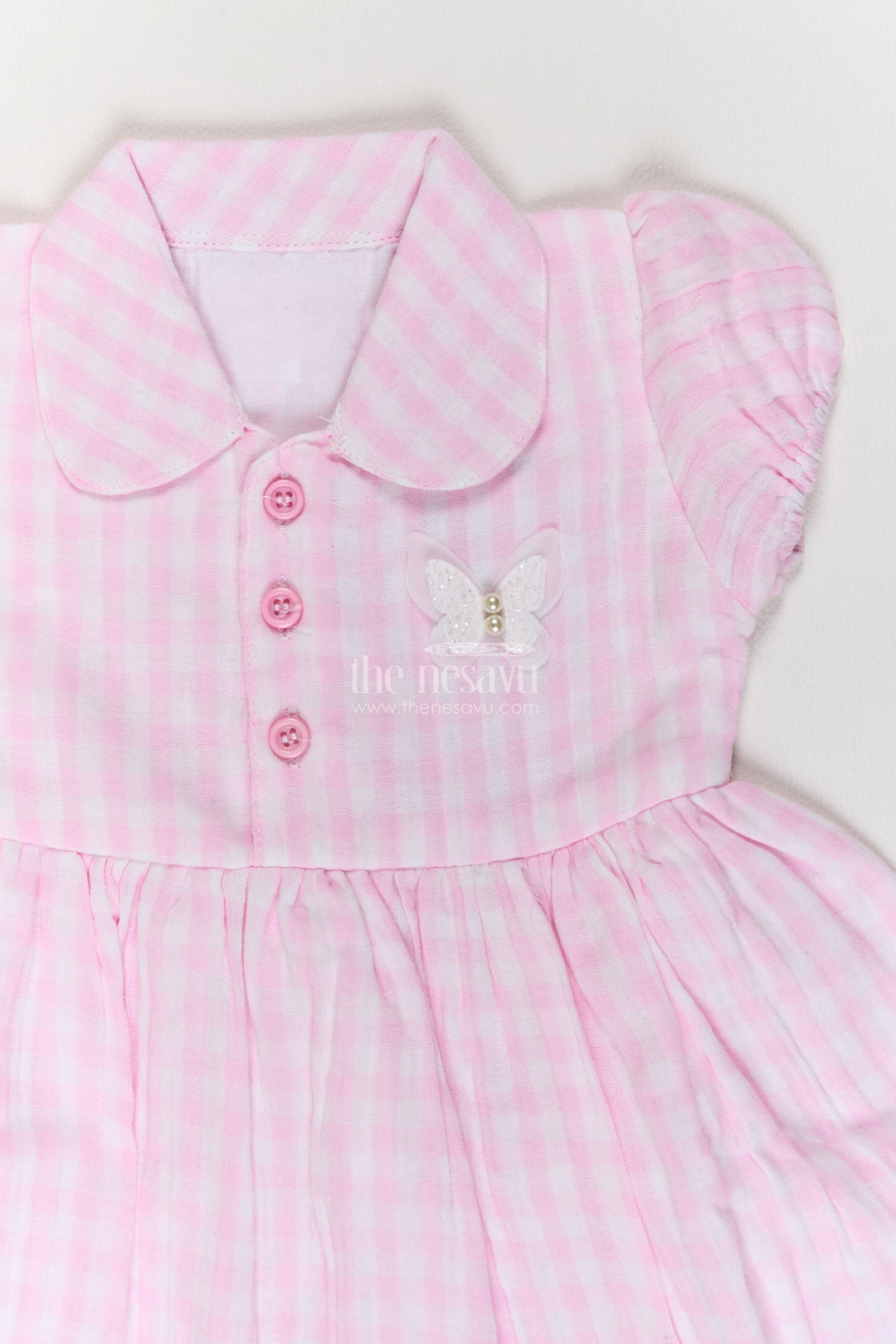 Baby Pink Gingham Butterfly Cotton Frock