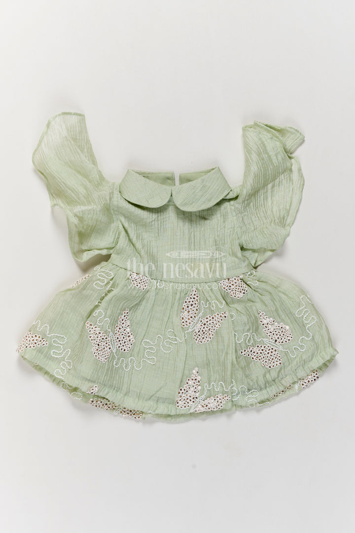 Baby Georgette Frock in Sage Green with Leaf Trail Flutter