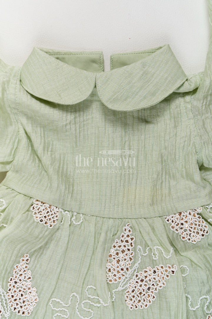 Baby Georgette Frock in Sage Green with Leaf Trail Flutter