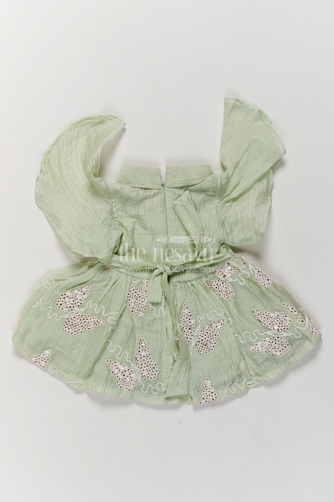 Baby Georgette Frock in Sage Green with Leaf Trail Flutter