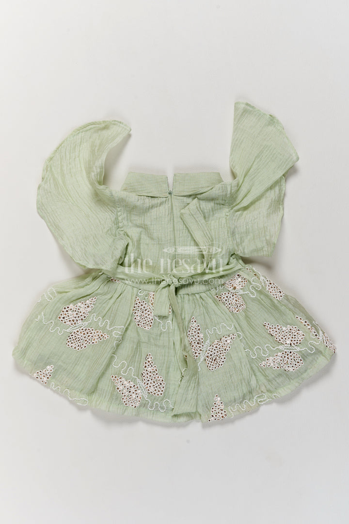 Baby Georgette Frock in Sage Green with Leaf Trail Flutter