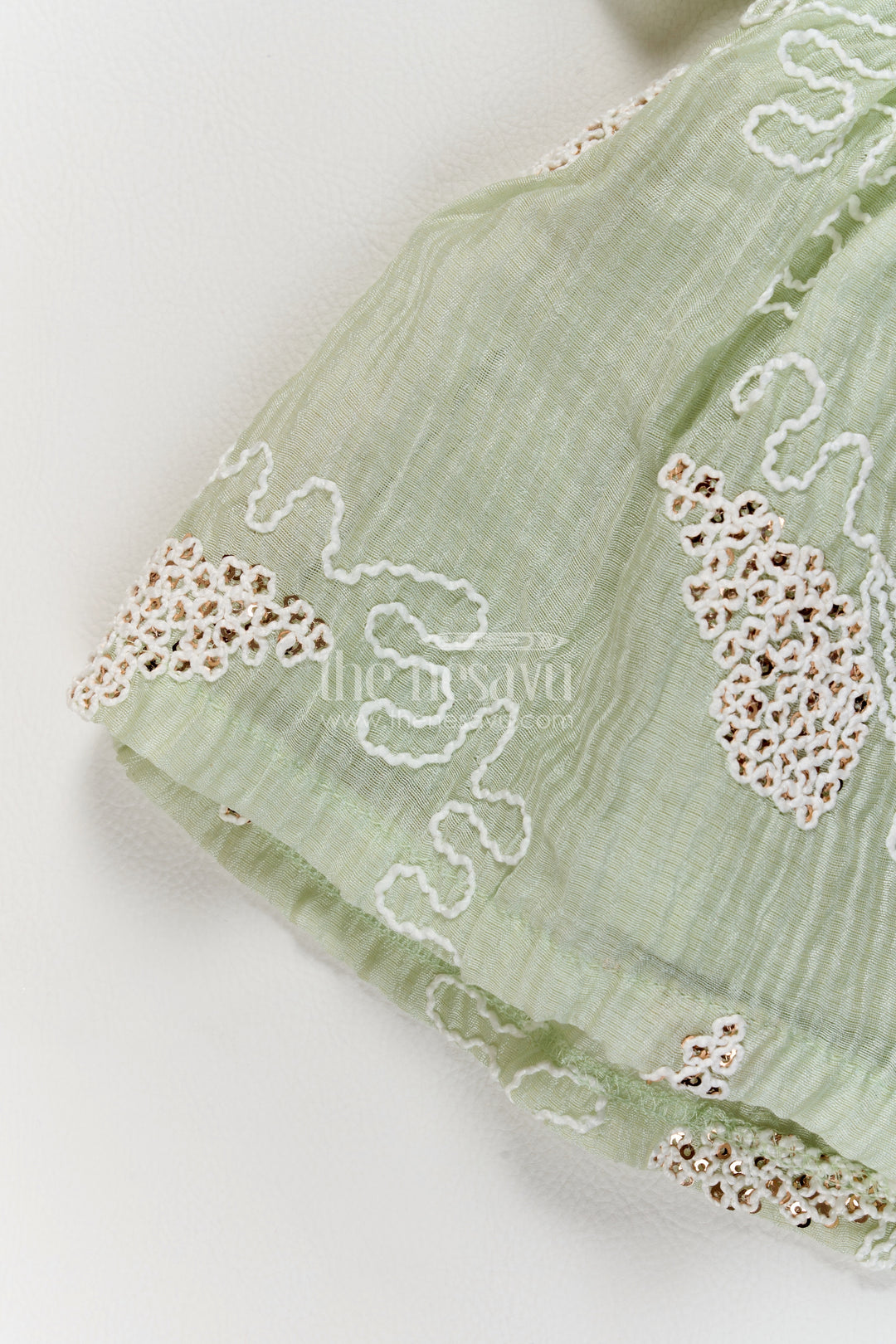 Baby Georgette Frock in Sage Green with Leaf Trail Flutter