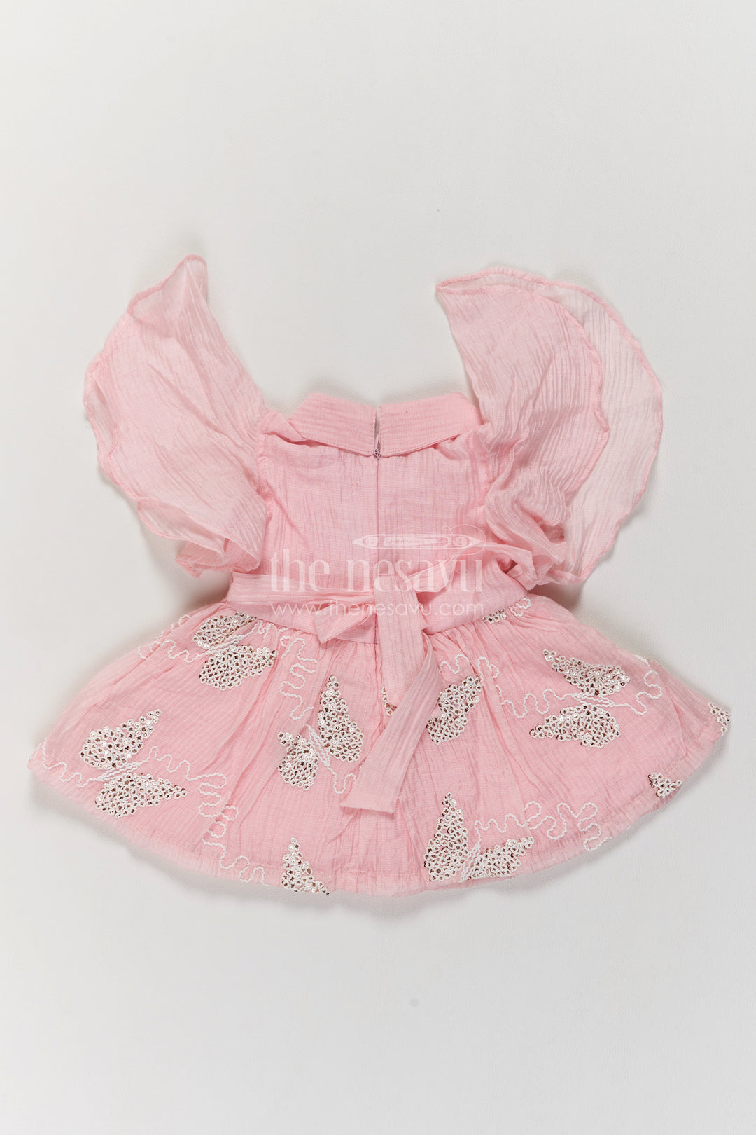 Baby Dusty Pink Georgette Scalloped Leaf Flutter Frock