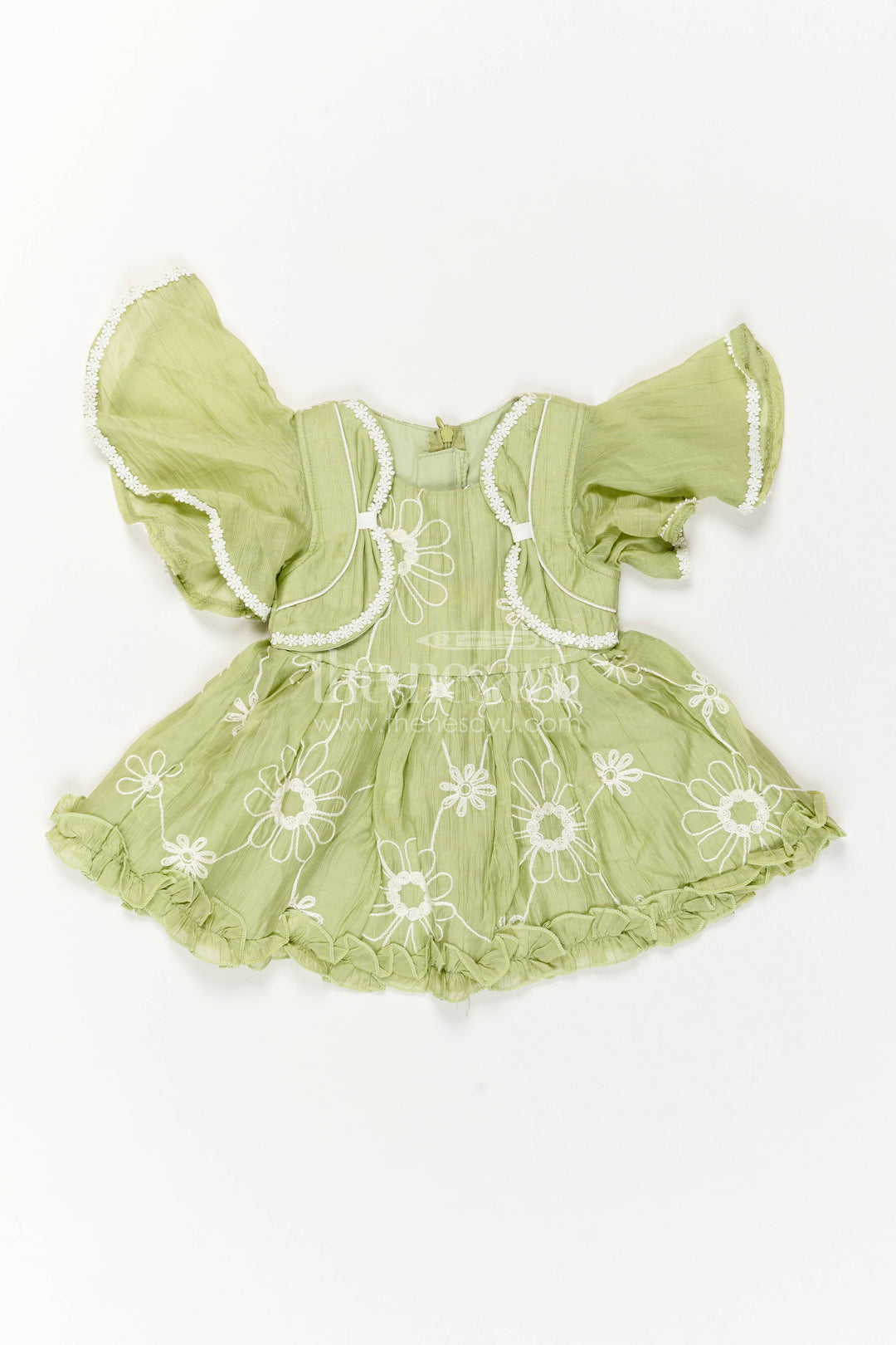 Baby Girl Party Frock in Green with Embroidery for Family Functions
