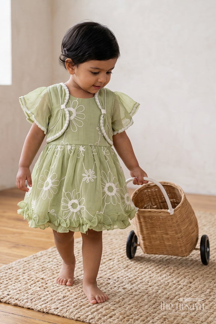 Baby Girl Party Frock in Green with Embroidery for Family Functions