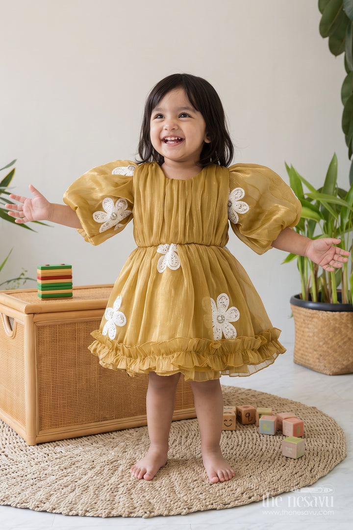 Infant Party Wear Dress with Yellow Embroidery for Special Occasions