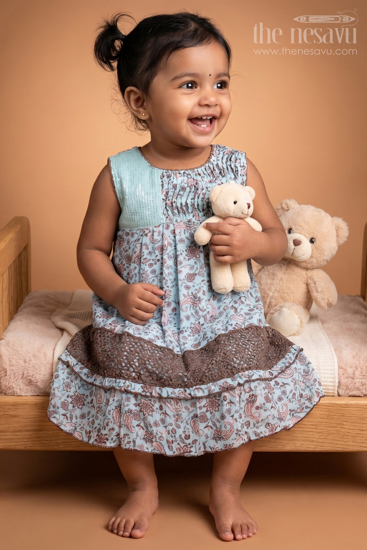Gorgeous Green Paisley Floral Printed Pleated Sleeveless Cotton Frock for Girls
