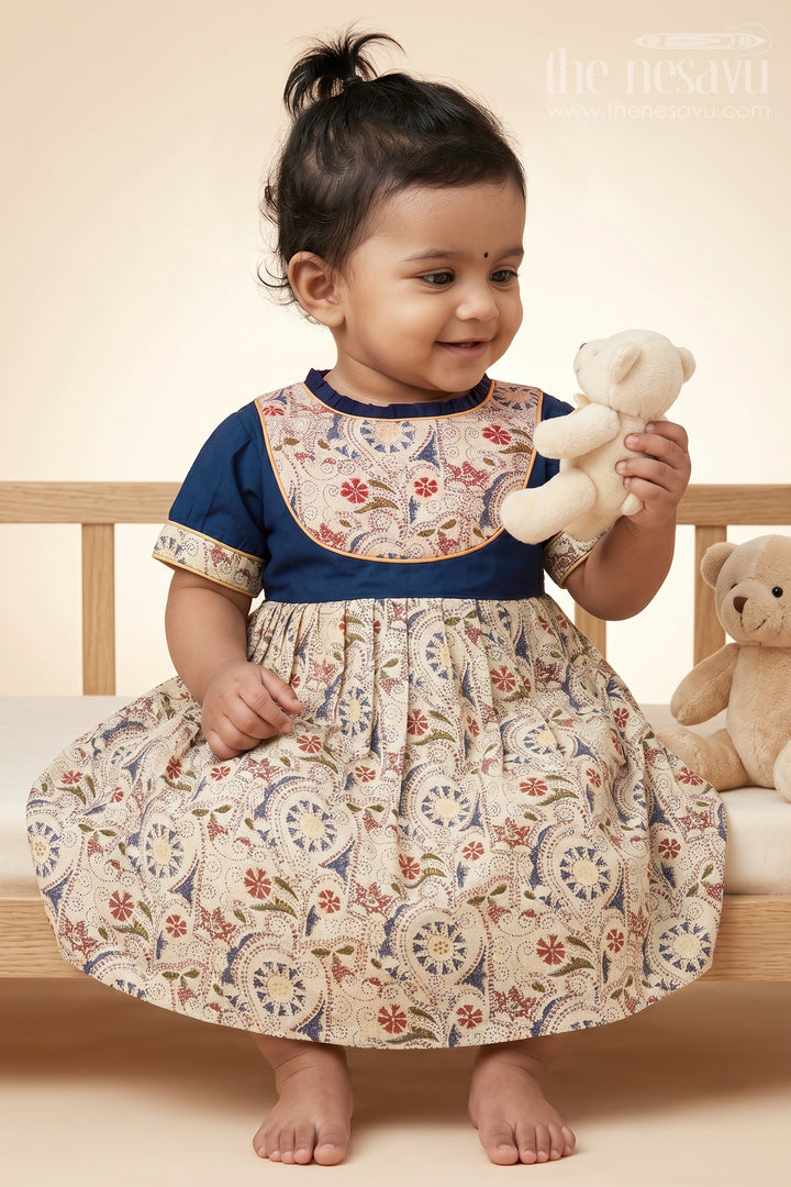 Girls Navy Top with Floral Medallion Printed Cotton Frock
