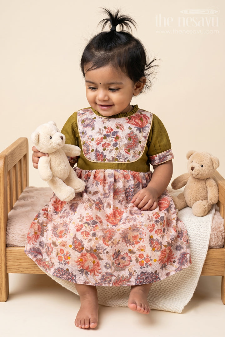 Vintage Floral Printed Olive Green Frock for Baby Girls