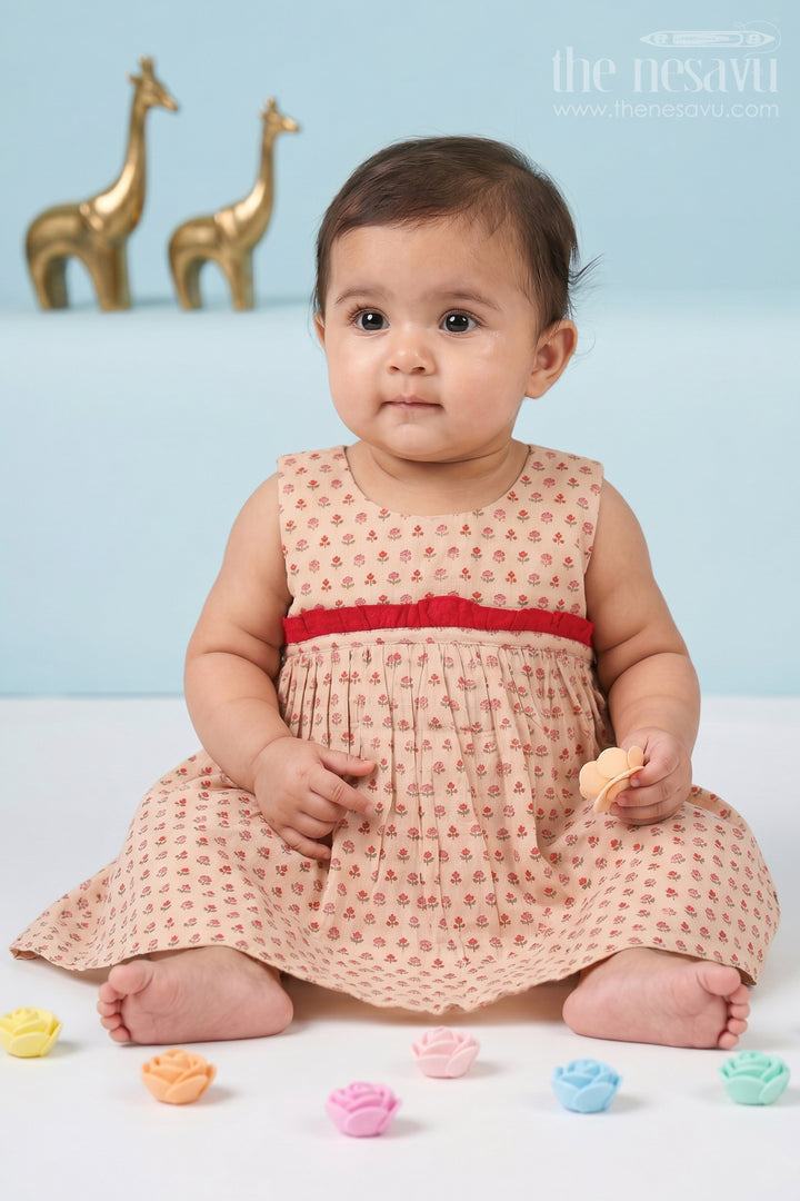 Pink Monochrome Cotton Baby Frock with Mughal Motif Buttis and Pleats