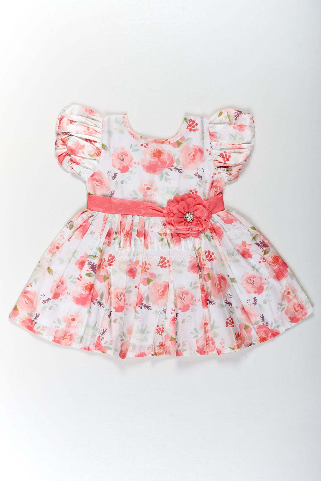 Floral Frock Dress for Baby Girls in Glaza Satin Organza with Puff Sleeves and Floral Appliqué