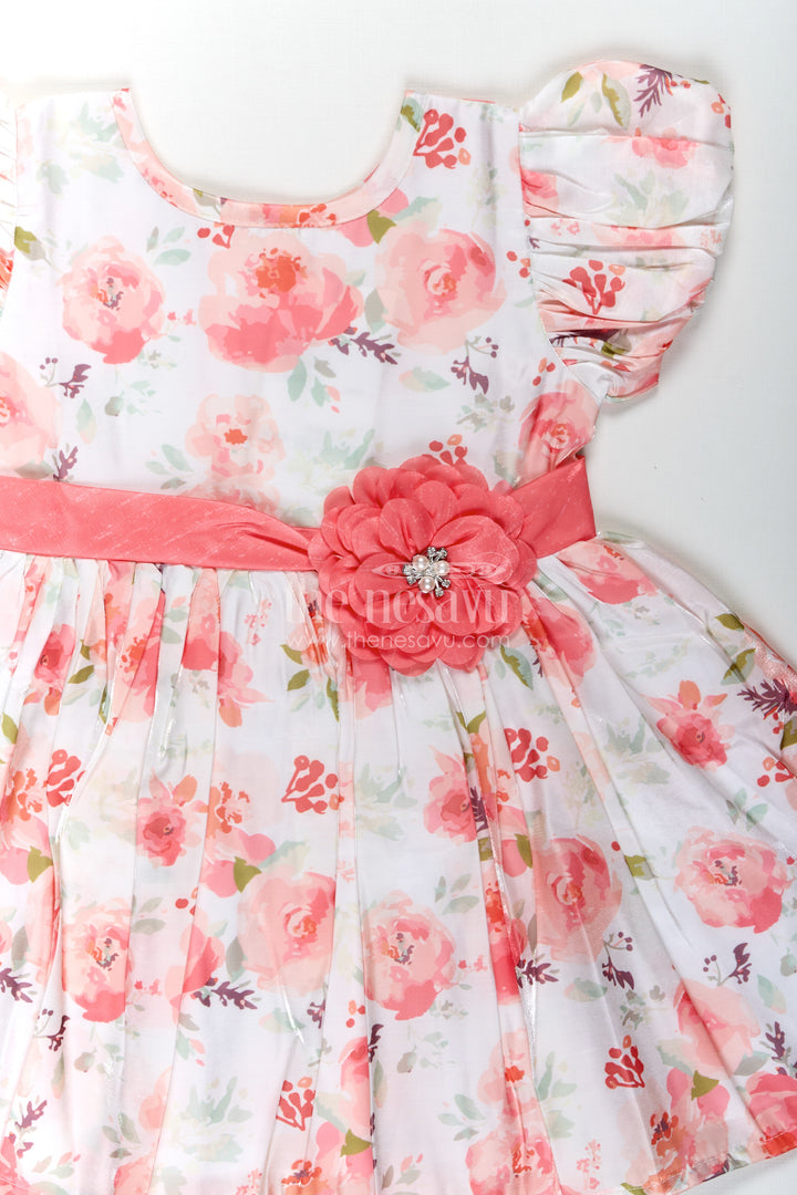 Floral Frock Dress for Baby Girls in Glaza Satin Organza with Puff Sleeves and Floral Appliqué