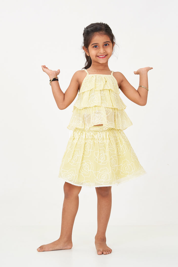 Charming Short Casual Dresses for Girls with Embroidered Floral Design and Matching Set