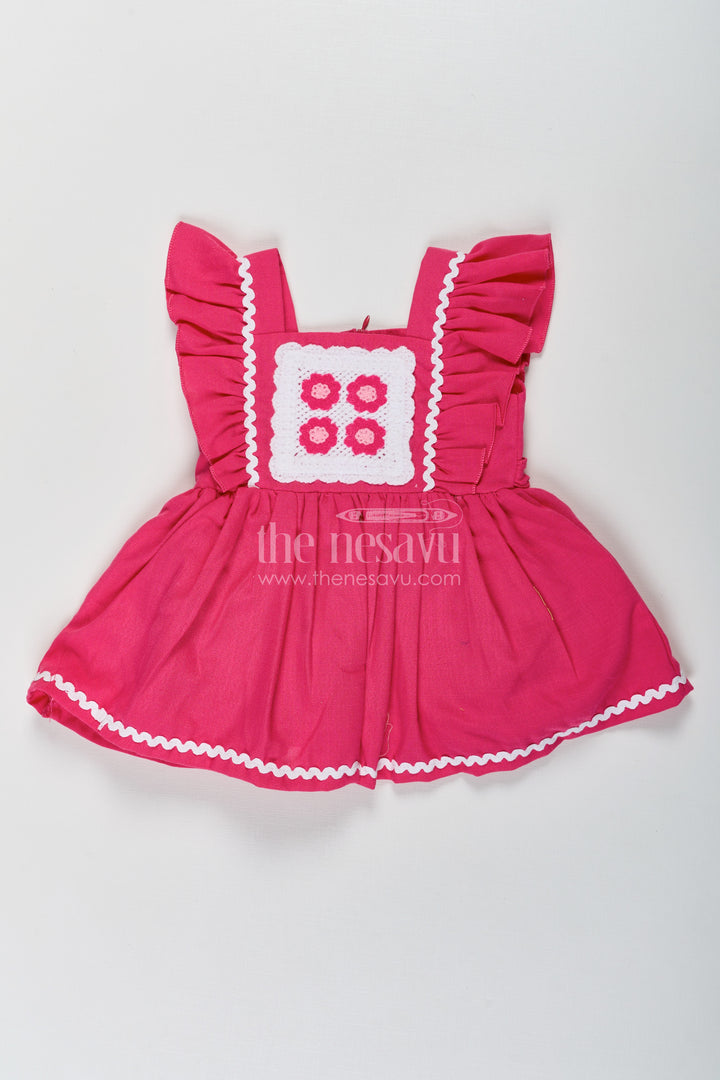 Frock Baby Girl in Dark Pink Cotton with Crochet Embellished Yoke and Frill Sleeves