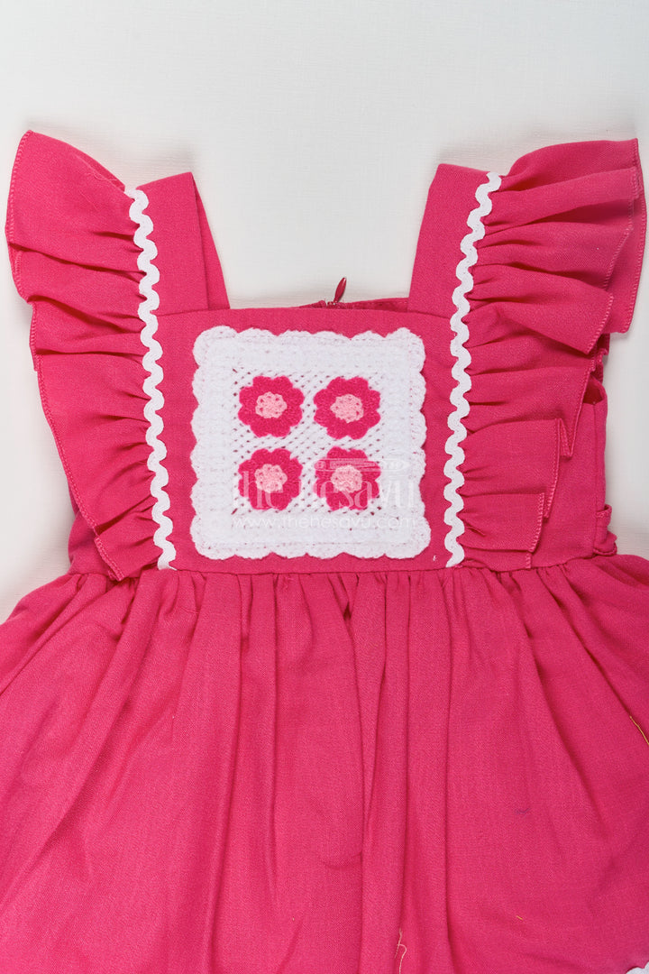 Frock Baby Girl in Dark Pink Cotton with Crochet Embellished Yoke and Frill Sleeves