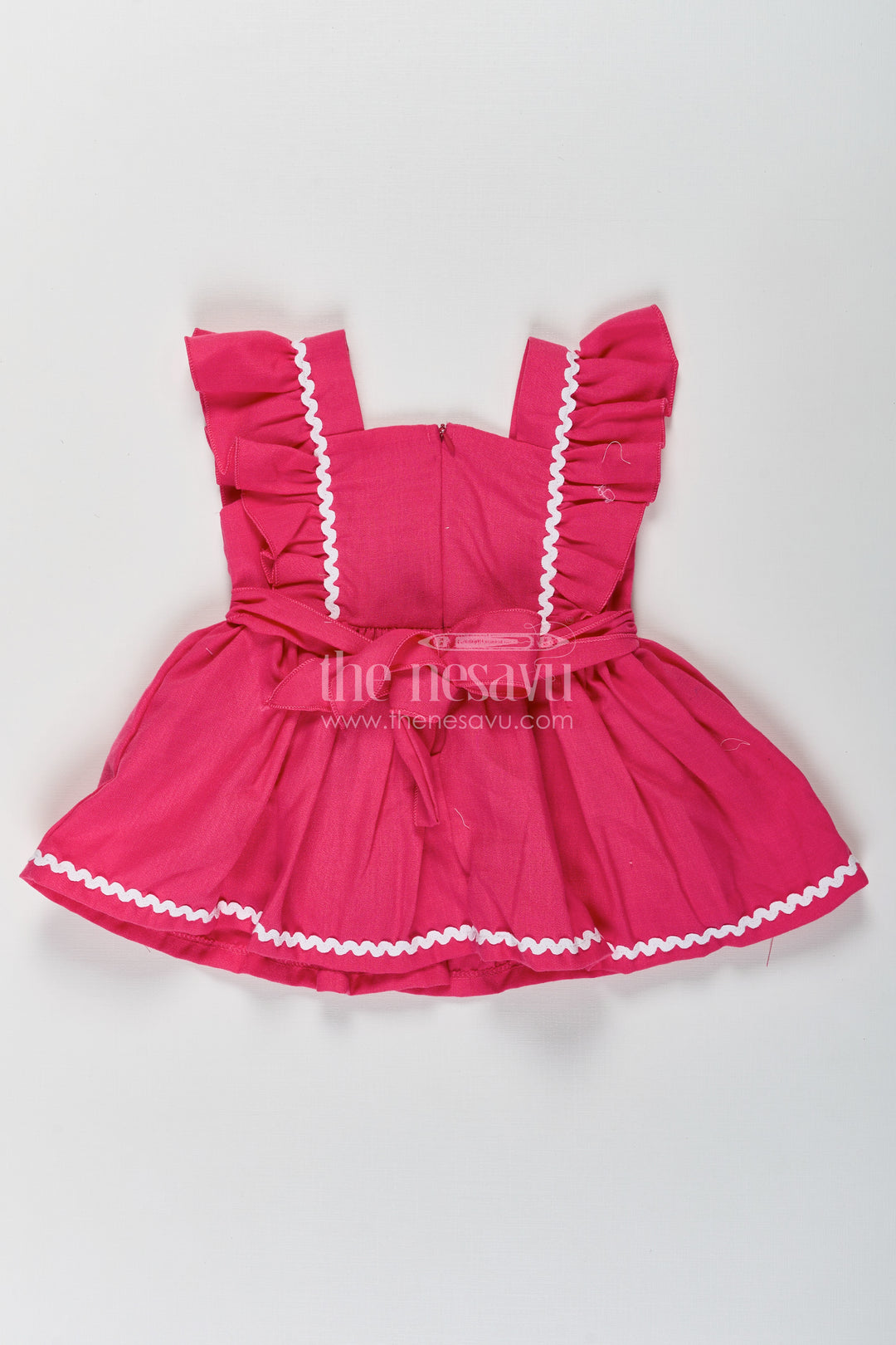 Frock Baby Girl in Dark Pink Cotton with Crochet Embellished Yoke and Frill Sleeves