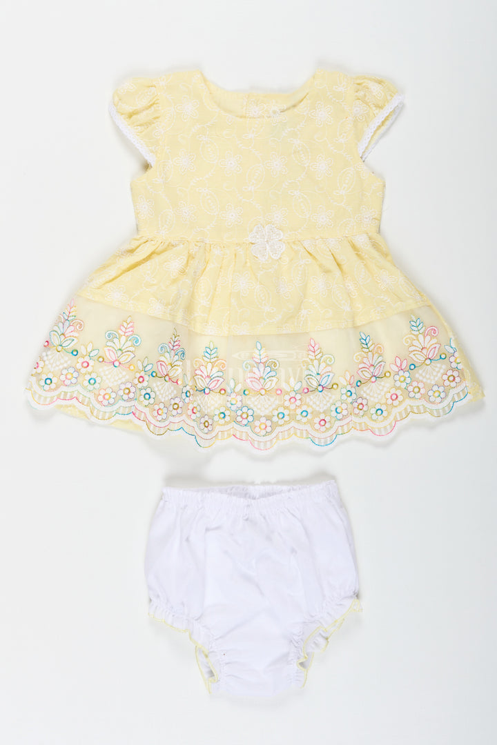 Baby Girls Latest Cotton Frock in Chikan Embroidery with Floral Lace Border and Matching Bloomer