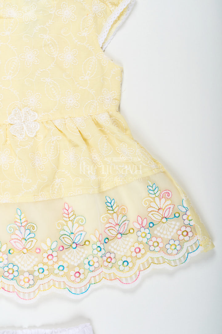 Baby Girls Latest Cotton Frock in Chikan Embroidery with Floral Lace Border and Matching Bloomer