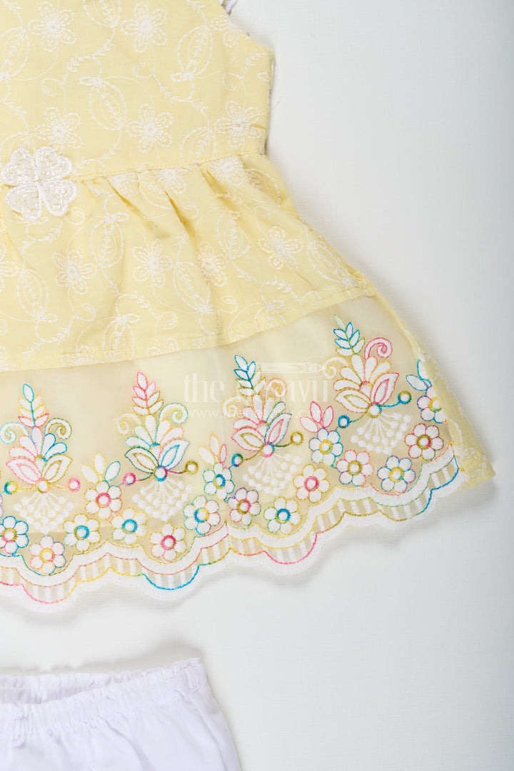 Baby Girls Latest Cotton Frock in Chikan Embroidery with Floral Lace Border and Matching Bloomer