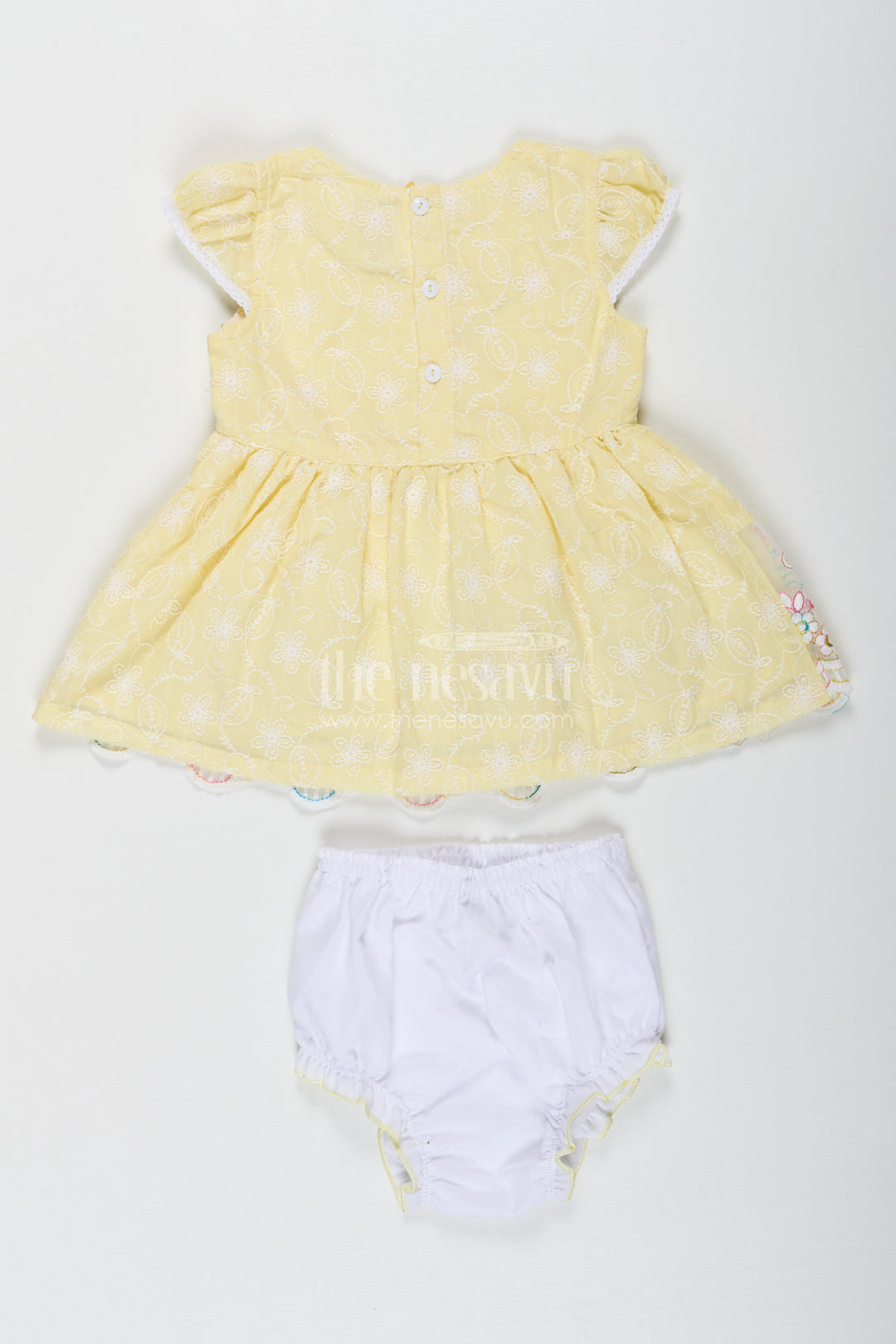 Baby Girls Latest Cotton Frock in Chikan Embroidery with Floral Lace Border and Matching Bloomer