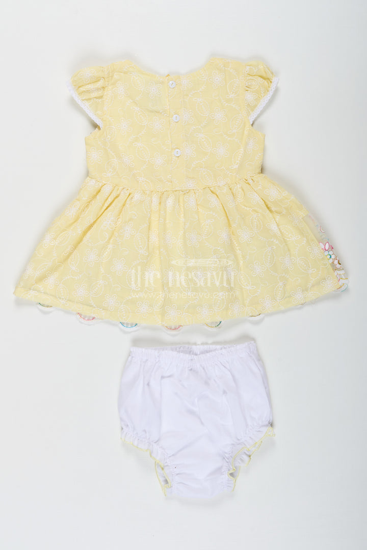 Baby Girls Latest Cotton Frock in Chikan Embroidery with Floral Lace Border and Matching Bloomer