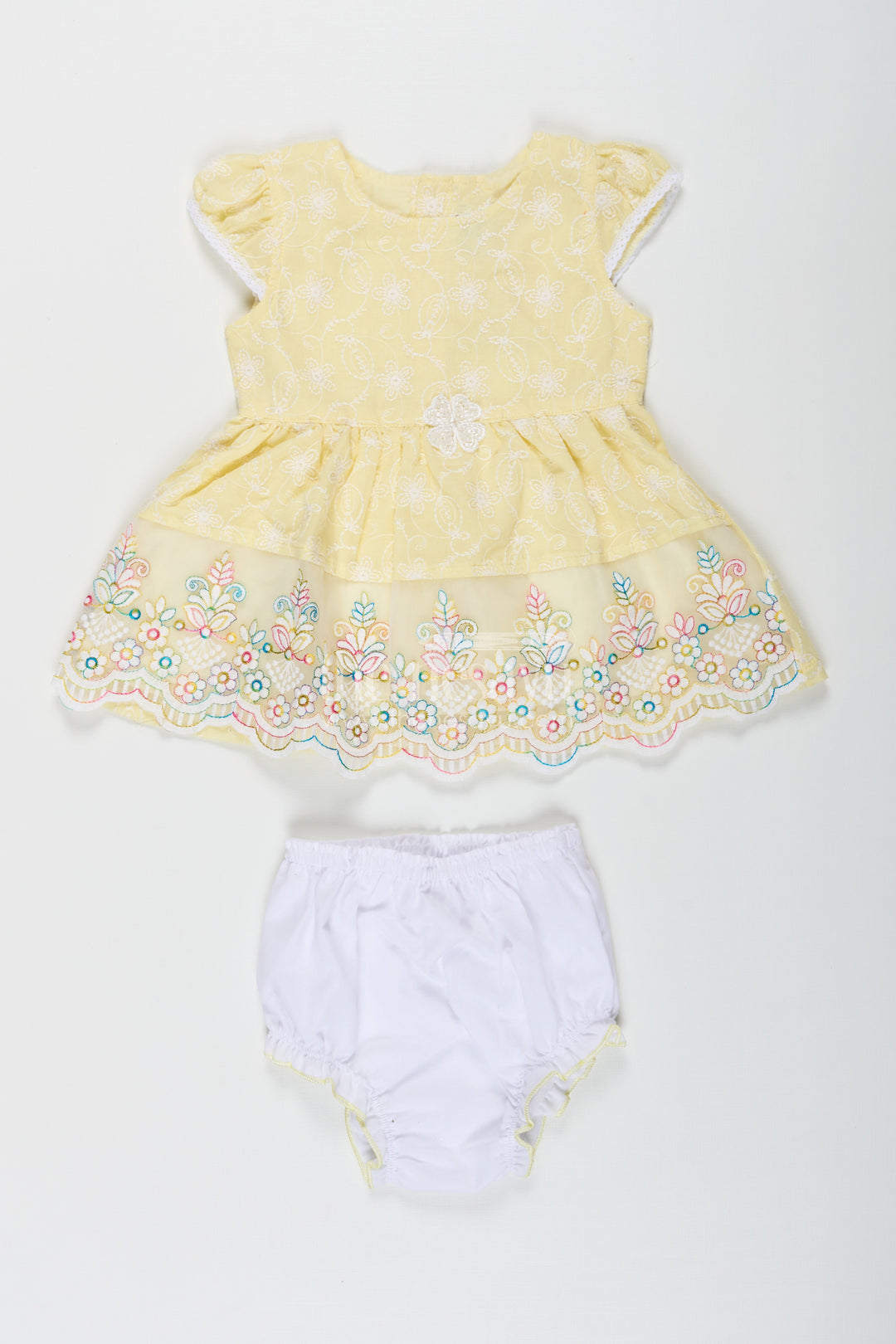 Baby Girls Latest Cotton Frock in Chikan Embroidery with Floral Lace Border and Matching Bloomer