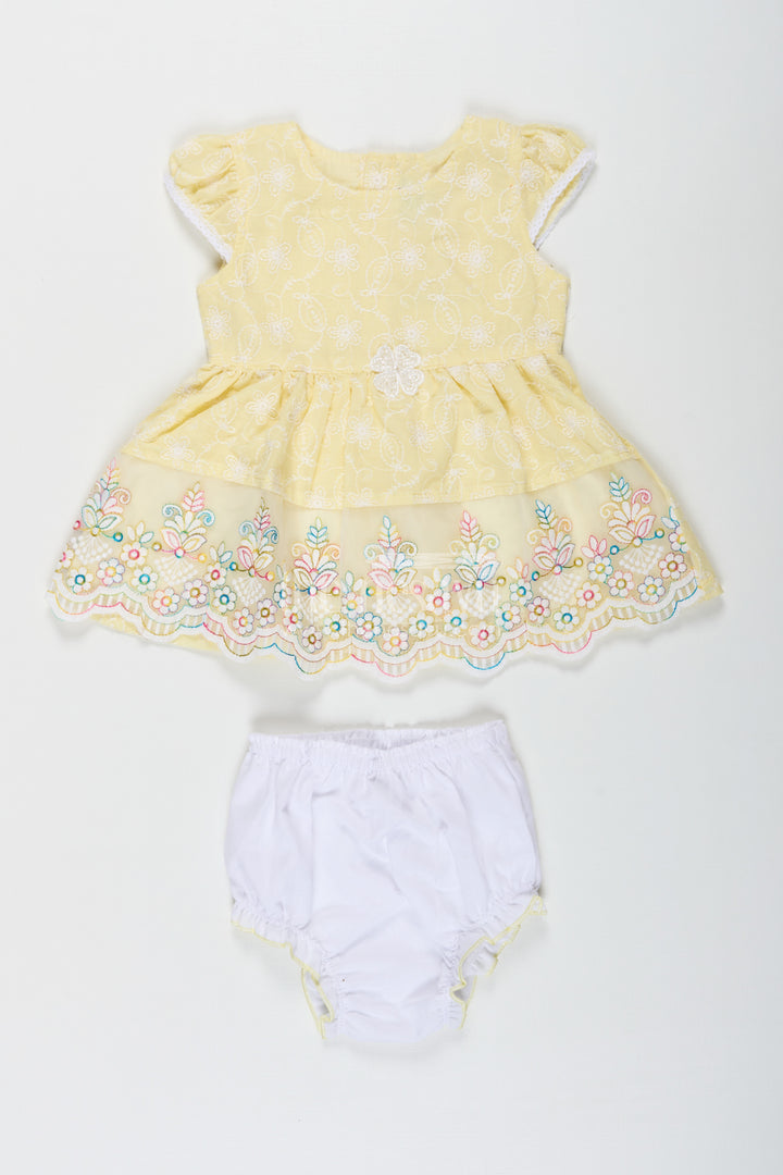 Baby Girls Latest Cotton Frock in Chikan Embroidery with Floral Lace Border and Matching Bloomer