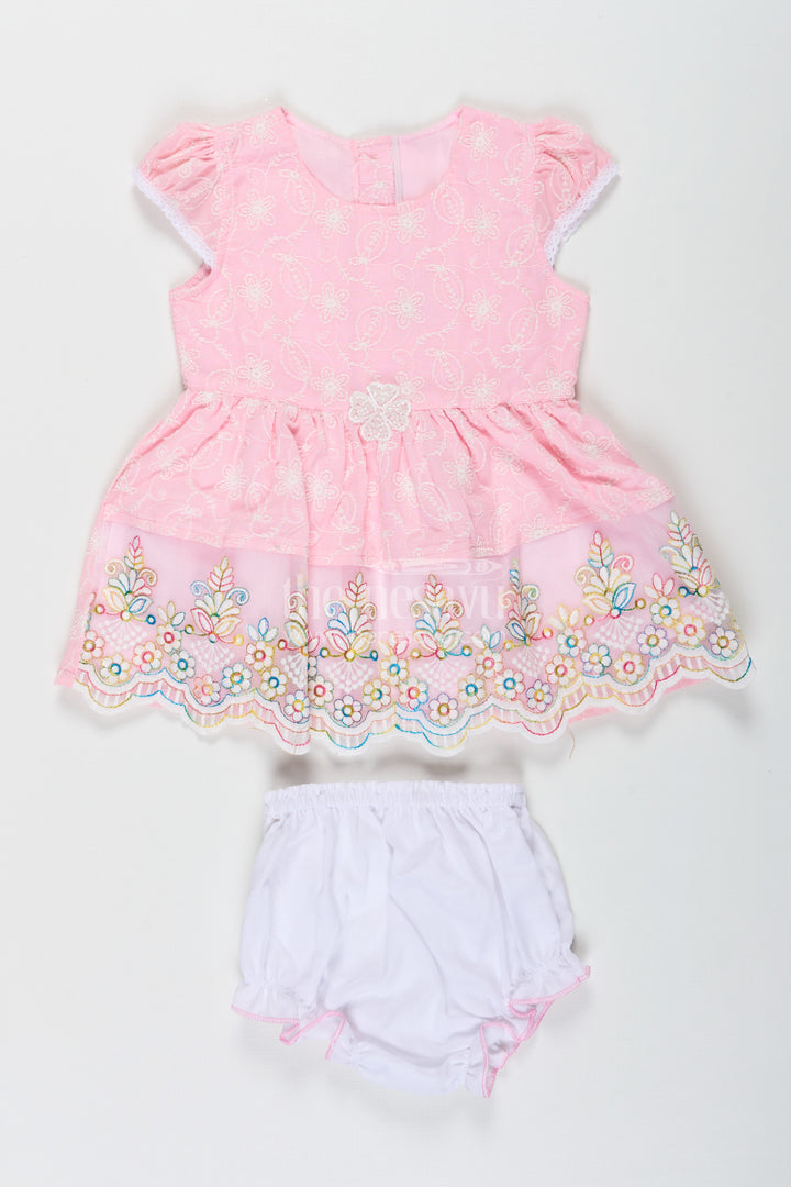 Baby Girls Cotton Ki Frock Suit in Chikan Embroidery with Floral Lace Design and Bloomer