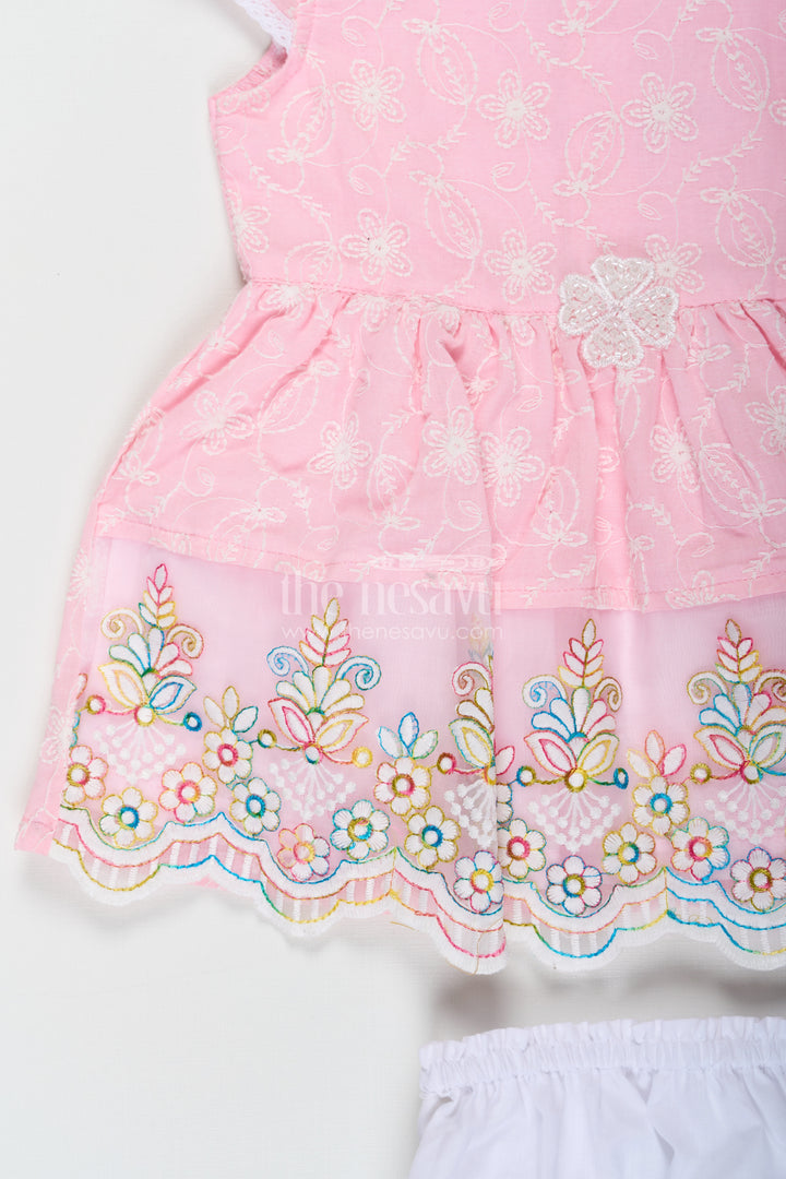 Baby Girls Cotton Ki Frock Suit in Chikan Embroidery with Floral Lace Design and Bloomer