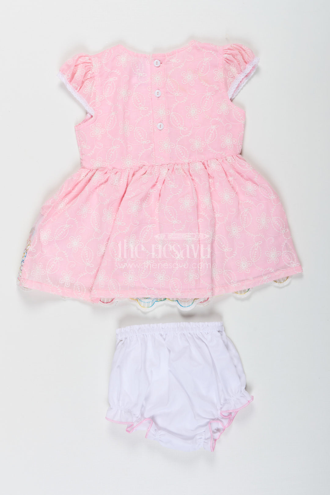 Baby Girls Cotton Ki Frock Suit in Chikan Embroidery with Floral Lace Design and Bloomer