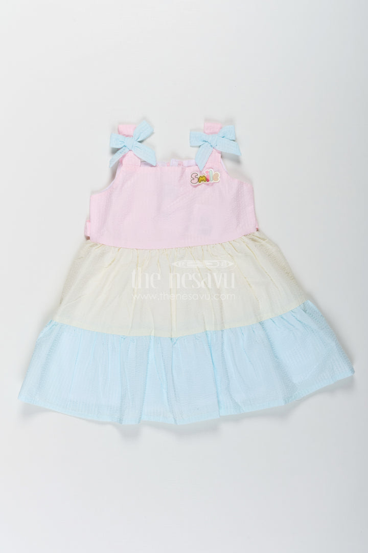 Baby Girls Modern Short Frock in Cotton with Pastel Color Blocks and Bow Details