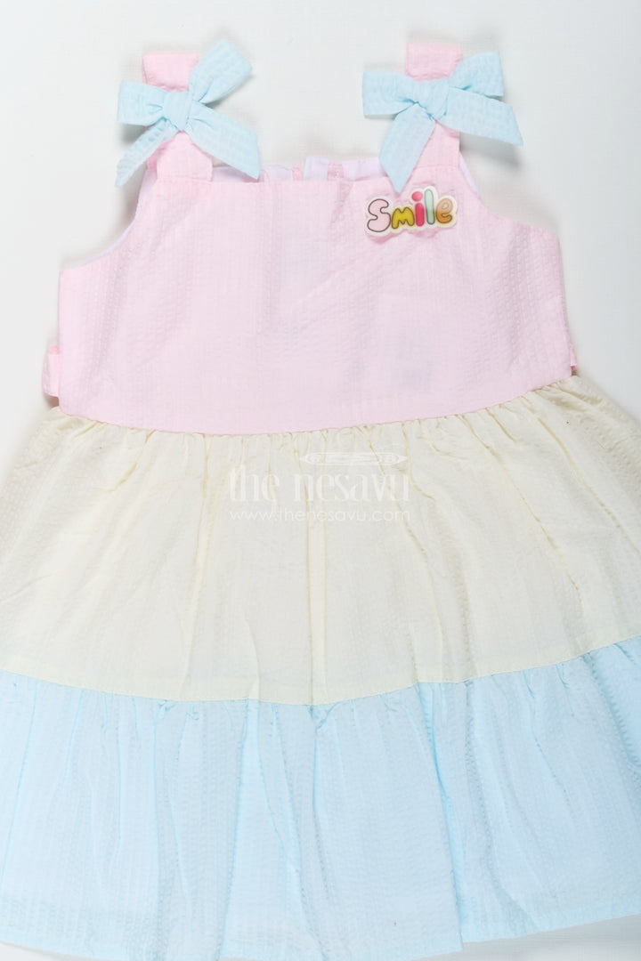 Baby Girls Modern Short Frock in Cotton with Pastel Color Blocks and Bow Details