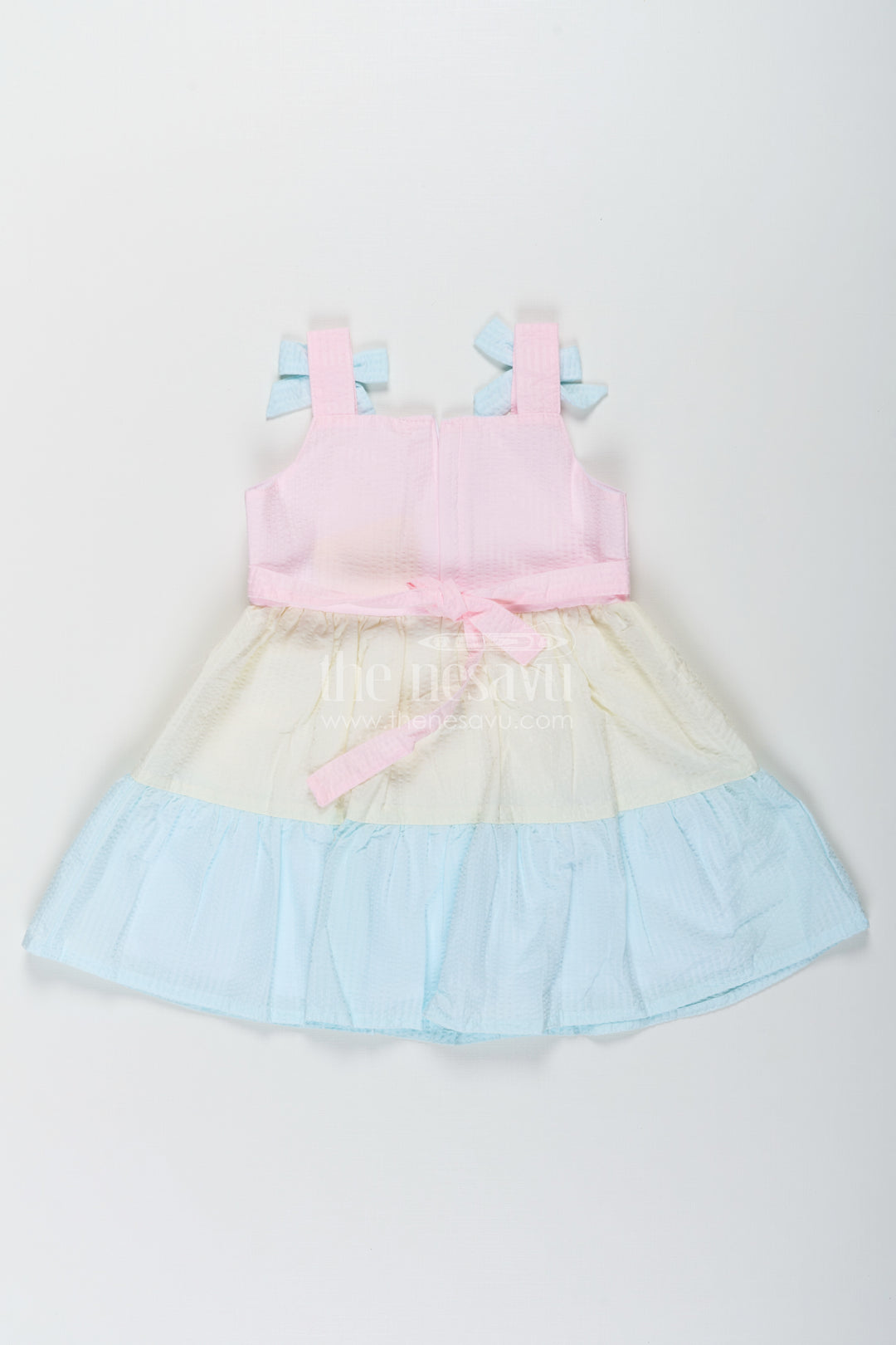 Baby Girls Modern Short Frock in Cotton with Pastel Color Blocks and Bow Details