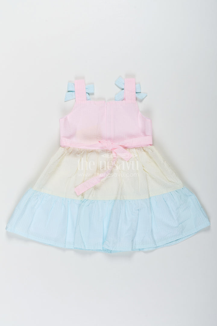 Baby Girls Modern Short Frock in Cotton with Pastel Color Blocks and Bow Details