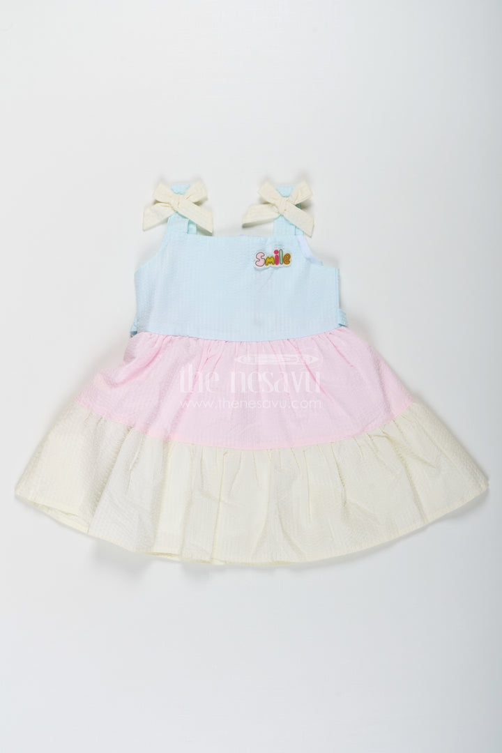 Baby Girls New Party Frock in Cotton with Tiered Pastel Layers and Bow Accents